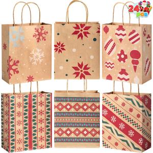 JOYIN 24 PCS Christmas Kraft Gift Bags for Present Wrapping, Holiday Paper Goody Gift Treat Candy Bags for Xmas Decor Supplies Classrooms Wedding and Party Favors (9" x 7.3" x 3.3") (Brown)