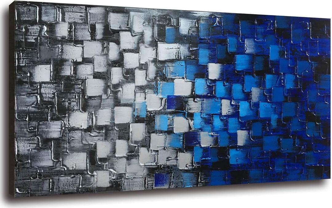 Large Textured Abstract Canvas Wall Art Hand Painted Modern Dark Blue and Silver Squares Oil Painting Picture for Home Decor and Office Decor Framed Ready to Hang 60x30inch