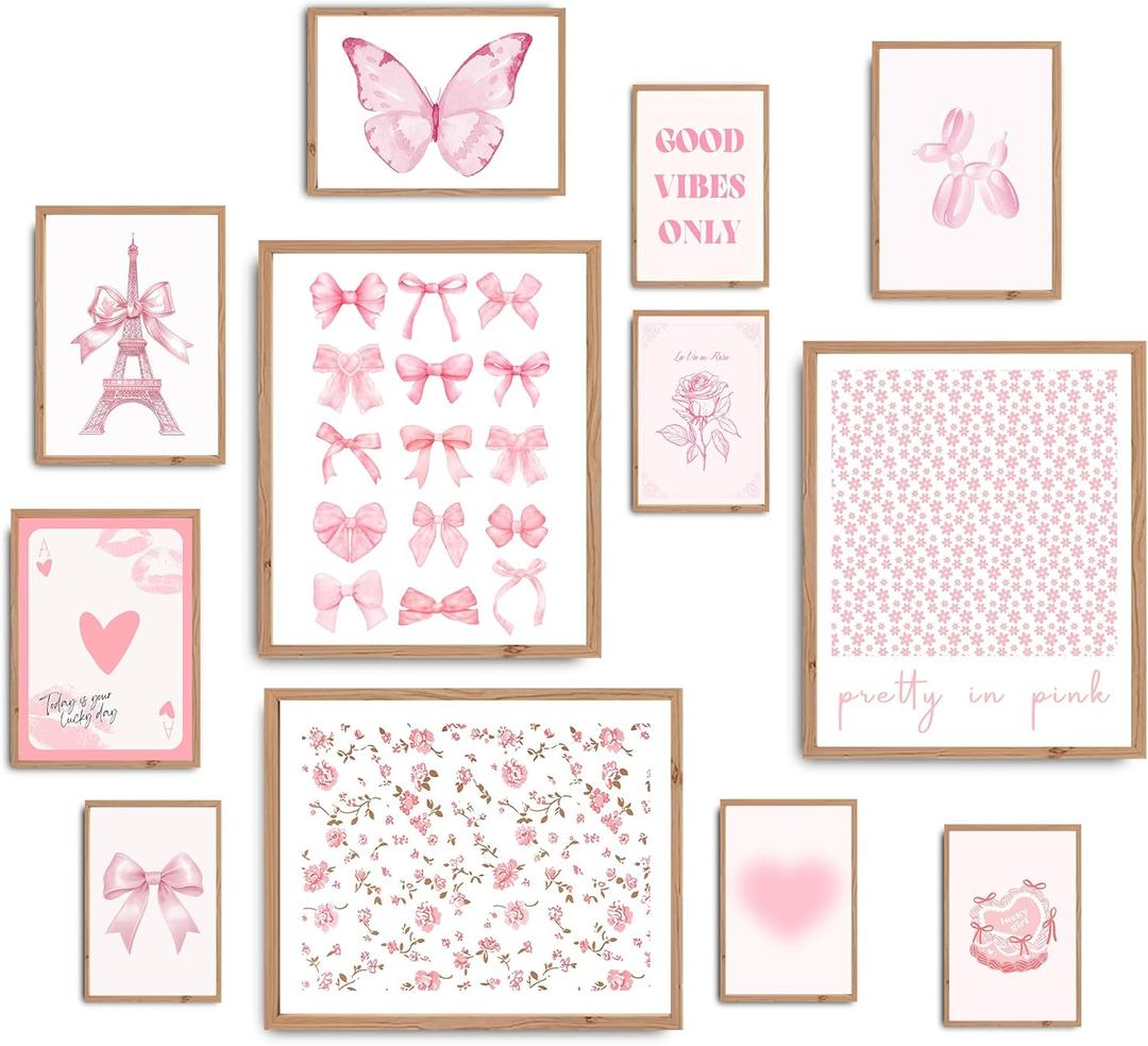 3 x Losyze Pink Room Decor Aesthetic, Pink Coquette Bows Posters,Trendy Girly Preppy Prints (UNFRAMED) (Black)