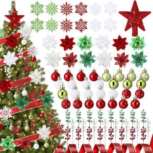 Realspring 91 Pcs Christmas Tree Ornaments Set, Hanging Christmas Balls Poinsettia Flowers Snowflakes Berries Star Topper Pine Needles with Ribbons for Holiday Xmas Home Decoration(Red, Green, White)