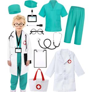12 PCS Doctor Costume for Kids,Scrubs with Lab Coat/Nurse Costume Kids Set,Girls Boys Doctor Career Day Costumes (10-11 Years, Green)