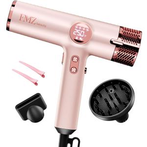 FMZ Professional Hair Blow Dryer with Smart Display, 1875W High Speed BLDC Motor for Fast Drying, Portable Mini Lightweight Quiet, Pink Curly Ionic Diffuser HairDryer for Women Girls Teen Salon Travel
