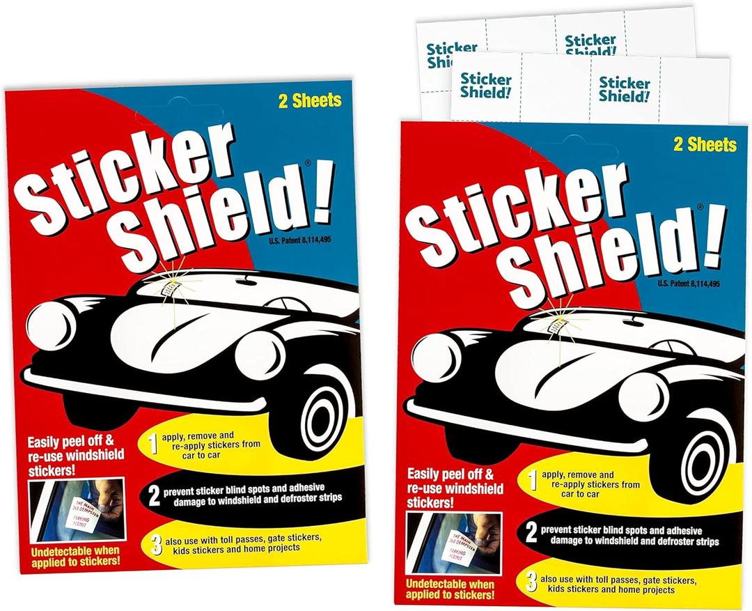 STICKER SHIELD - Windshield Sticker Applicator for Easy Application, Removal and Re-Application from Car to Car - 4 inch x 6 inch Sheets (2 Packs (4 Sheets Total))