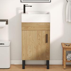 YITAHOME 16 Inch Bathroom Vanity with Sink, Bathroom Cabinet Vanity for Small Space, Freestanding Storage Bathroom Vanity with 1 Soft Closing Cabinet, Natural Brown