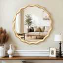 Circle Wood Mirrors for Wall, Wavy Round Bathroom Scalloped Mirror Wooden Frame 24 Inch for Living Room Farmhouse Bedroom Hallway Entryway Living Room with Shatterproof Glass Wall Mounted