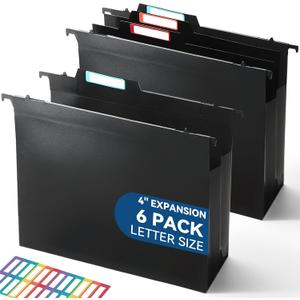 SortRax Plastic High Capacity Hanging File Folders, 4" Expansion for Bulky Documents, Side-Sealed Accordion Pocket, Supports Heavy Files, Letter Size, Movable Dividers, Insertable Tabs, 6 Pack