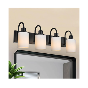 VINLUZ 4 Light Vanity Light Fixture,Matte Black Wall Sconces Lighting with Opal White Glass Shade Metal Interior Bathroom Lights Over Mirror for Hallway Bedroom