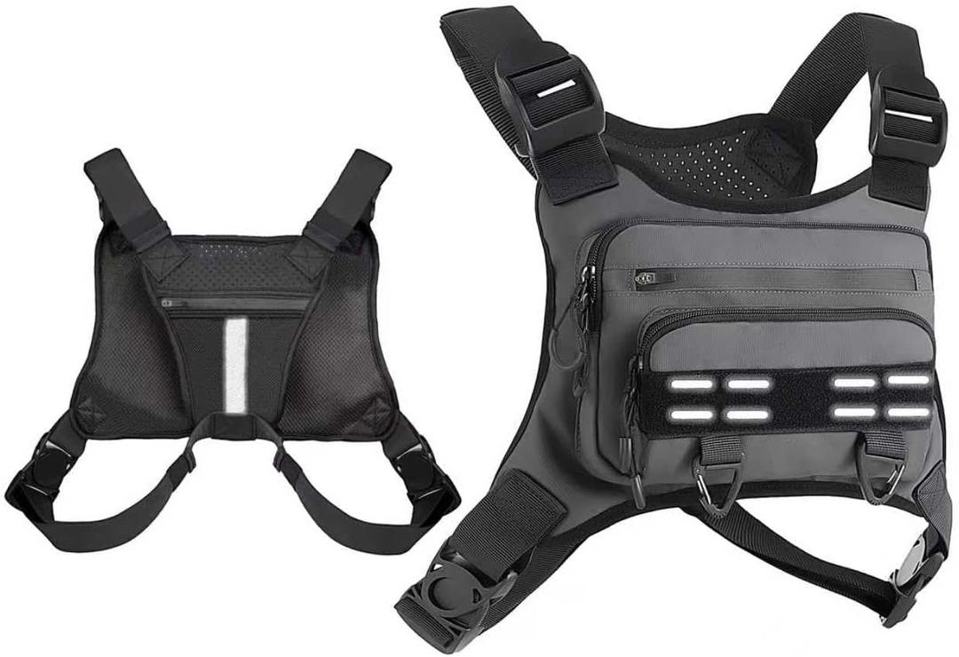 Breathable Chest Bag with Phone Pocket and Reflective Strips for Snowboarding Cycling Running and Streetwear (Grey)
