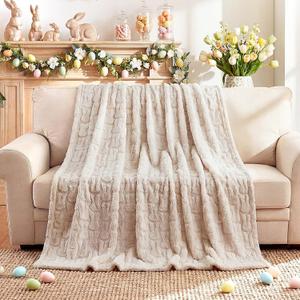 Moukeren Spring Easter Bunny Throw Blanket 50" x 60" - 3D Jacquard Bunny Throws, Cozy Soft Rabbit Spring Plush Easter Gifts for Living Room Couch Sofa Bed Decor(Cream)