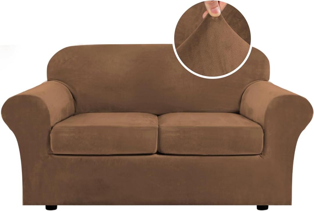 H.VERSAILTEX Real Velvet Plush 3 Piece Stretch Sofa Covers Couch Covers for 2 Cushion Couch Loveseat Covers Width Up to 72 Inch Thick Stay in Place (Medium Sofa, Caramel)
