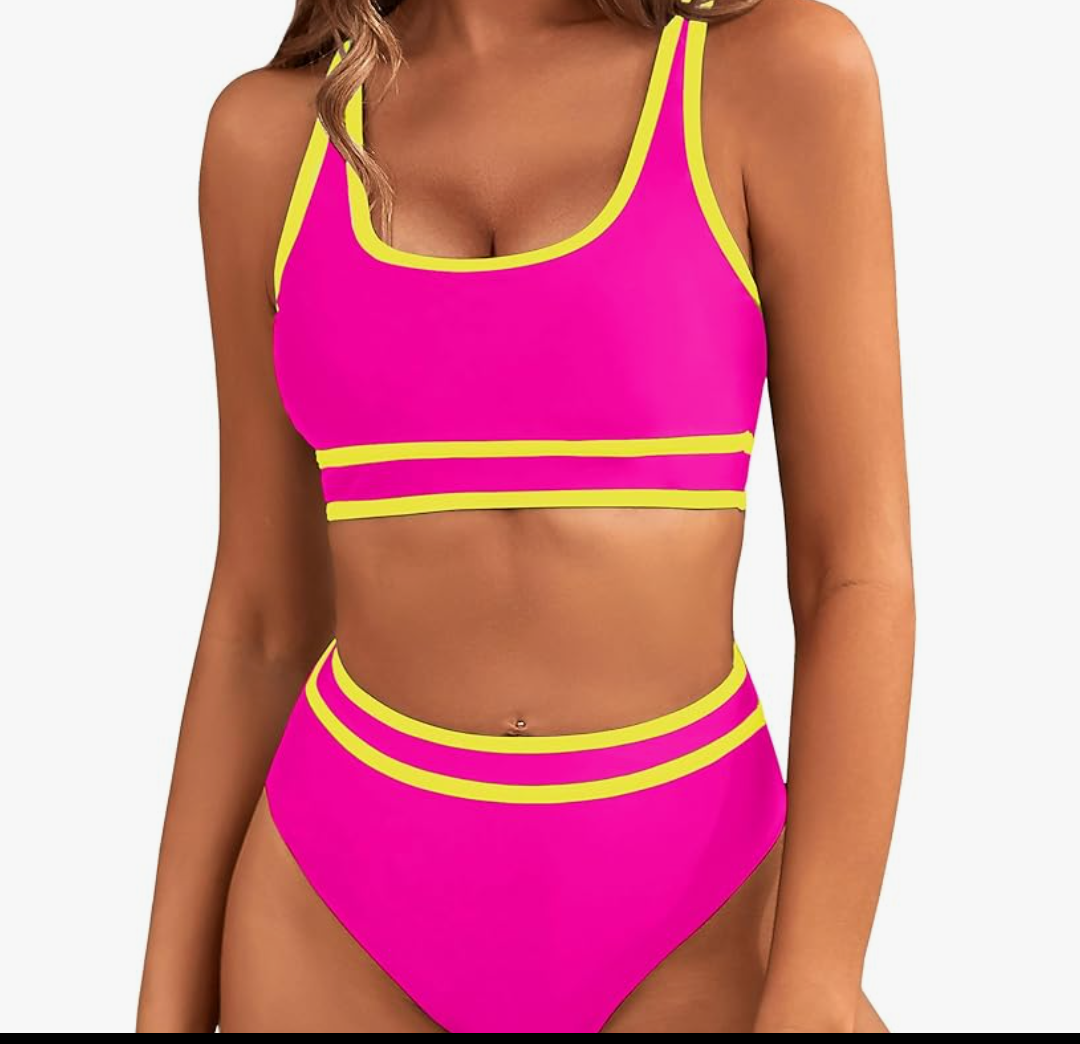 BMJL Women's High Waisted Bikini Sets Sporty Two Piece Swimsuits Color Block Cheeky High Cut Bathing Suits (S, Rose Red011)