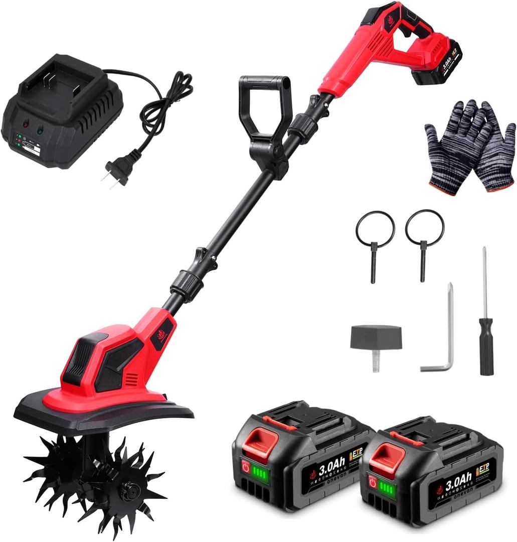 Cordless Tiller Cultivator, 360RPM Electric Garden Tiller with 23.0AH Batteries & 1.5A Fast Charger, Battery Powered Garden Cultivator, 9.5In Tilling Width & 6.7In Depth Garden Rototiller