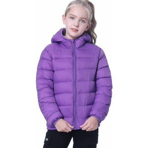 Hooded Puffer Jackets for Boys and Girls – Lightweight and Packable – Autumn and Winter Coat, Warm and Comfy, Purple, Size 14