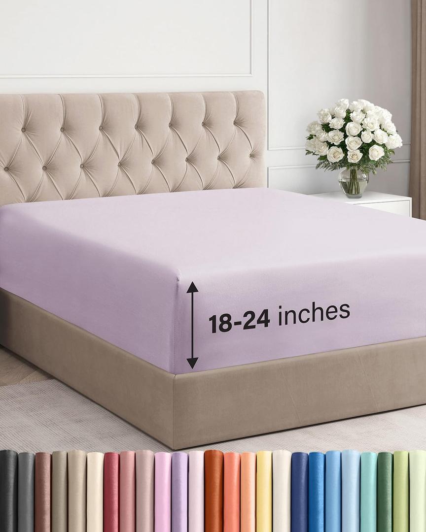 Extra Deep Queen Fitted Sheet - Hotel Luxury Single Fitted Sheet Only - Easily Fits 18 inch to 24 inch Mattress - Ultra Soft, Wrinkle Free w/Extra Deep Pockets - Breathable & Comfy - Light Lavender