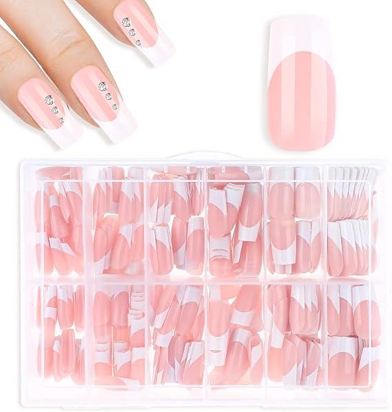 COBEE Press on Nails Square Long, 360 Pcs Coffin Fake Nails French Tip Nude Color False Nail Glossy Full Cover Glue on Nails Ballerina Nail Art Manicure Decorations for Women Girls(Rectangle)
