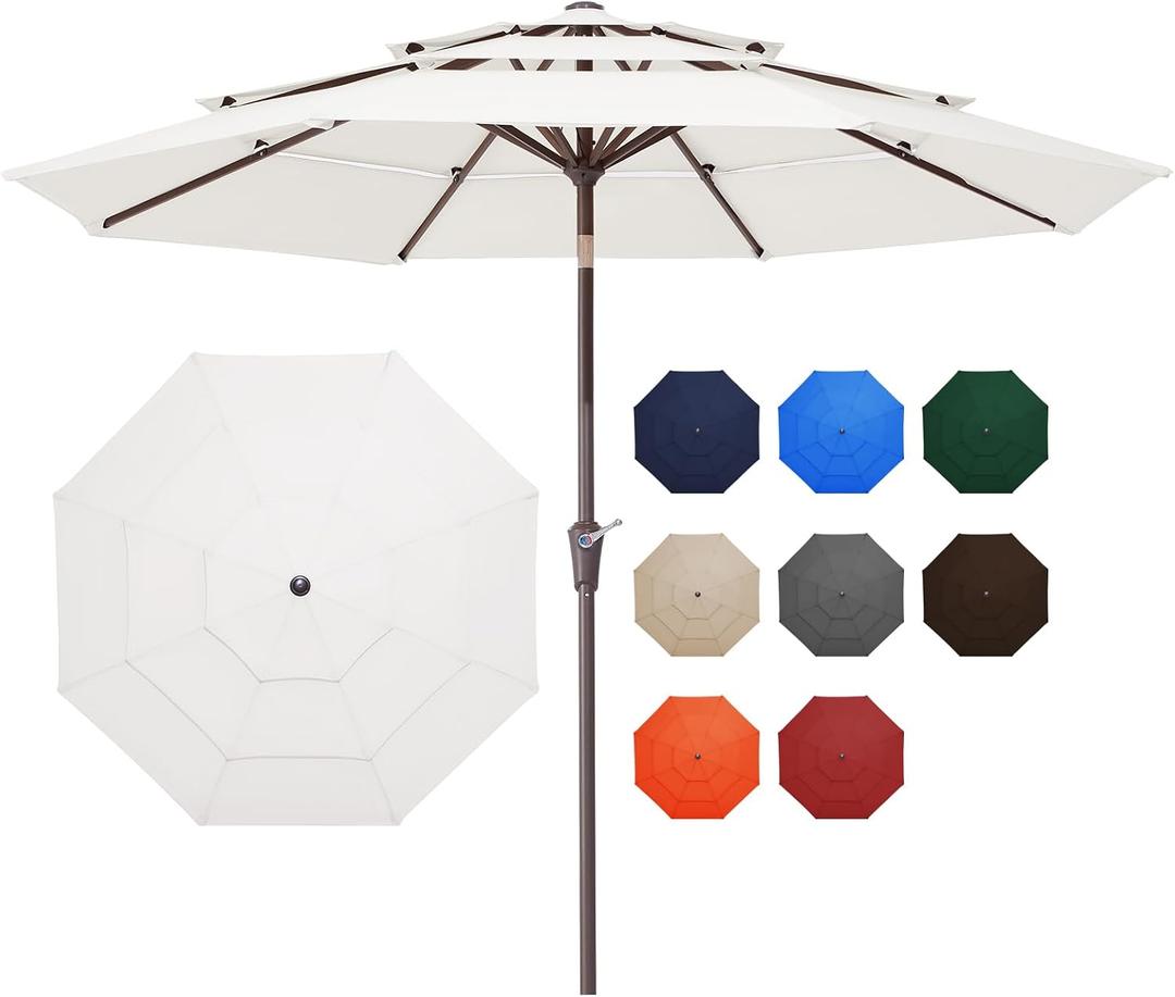 JEAREY 9FT 3 Tier Patio Umbrella Outdoor Market Umbrella Table Umbrellas with 8 Ribs 1.5 Pole Push Button Tilt and Crank UV Protection for Garden,Off-white