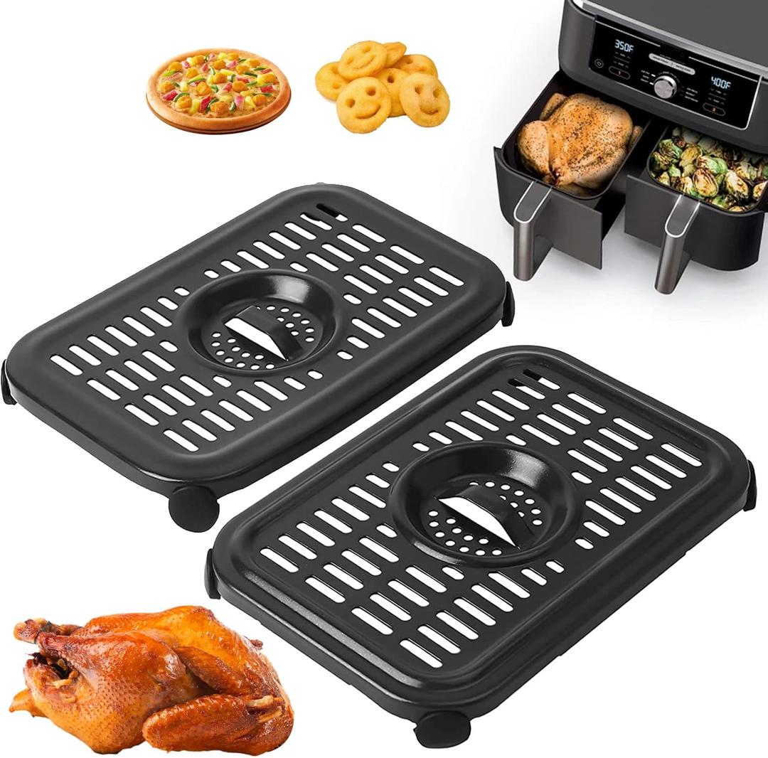 Air Fryer Grill Pan for Ninja, 2 Packs Replacement Air Fryer Crisper Plate Grill Plate Tray Accessories with Rubber Bumpers for Ninja Foodi DZ090 DZ201 DZ100, Dishwasher Safe