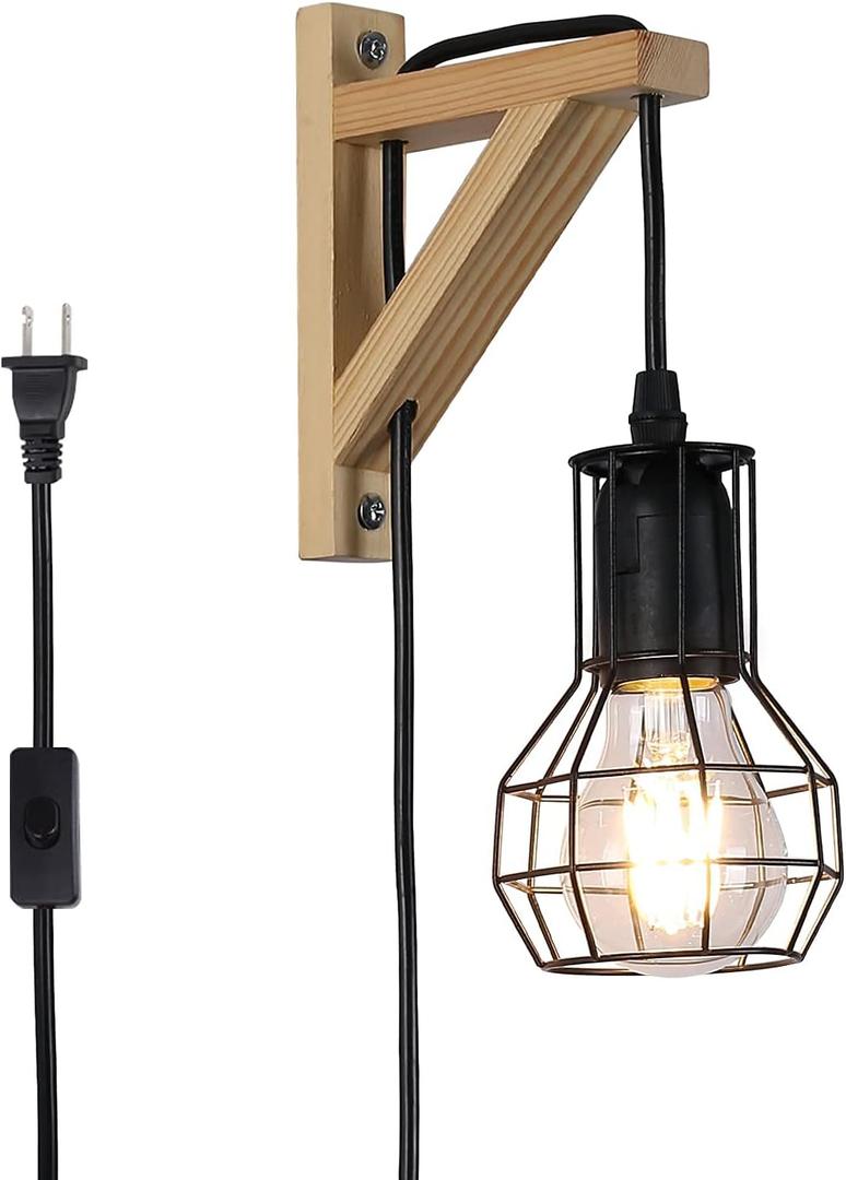 Modern Industrial Plug in Cord Cage Wall Lamp Lift Pipe - Black Wood Retro Rustic Pendant Lamp Adjustable Hanging Wall Mount Light Fixture - Indoor Wall Sconces Decoration for Living Room Kid Bedroom