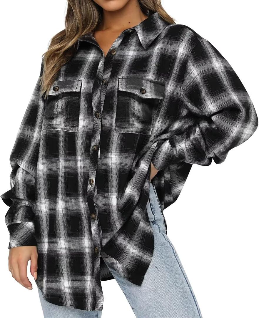 Lacozy Womens Buffalo Plaid Flannel Shirt Long Sleeve Collar Button Down Blouses Tops (XL)
