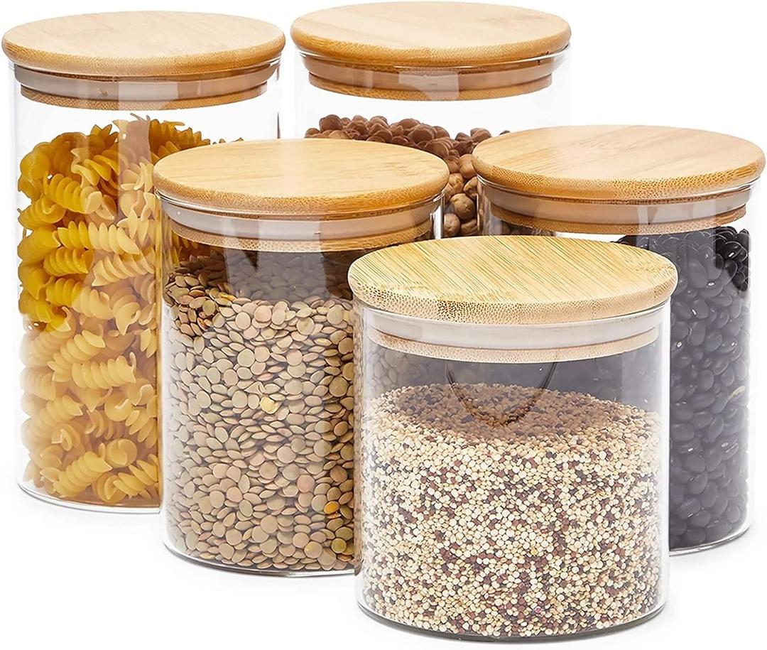 Juvale 5-Pack Glass Canisters with Bamboo Lids, 3 Sizes for Pantry Storage