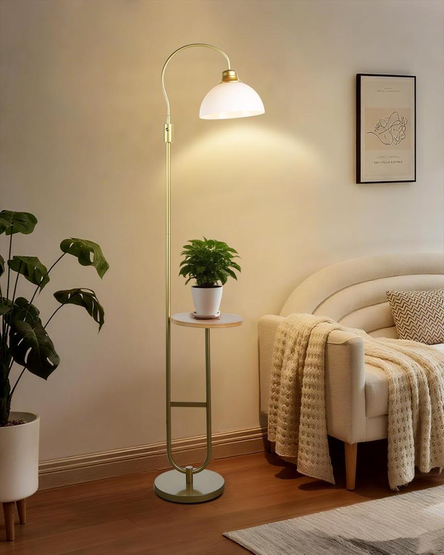 Lightdot 68IN Floor Lamp with Table, Mid Century Modern Standing Lamps Storage Shelf Floor Lamps with Bulbs Included, Gold Pole End Table with White Acrylic Lampshade for Living Room, Bedroom, Office