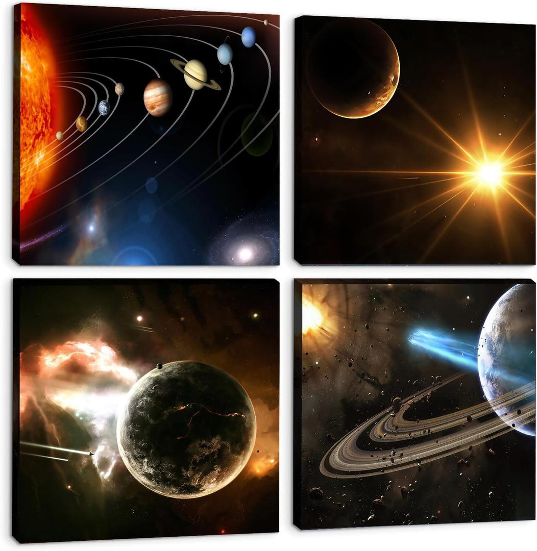 Universe Starry Sky Wall Art Outer Space Planet Canvas Decoration Paintingfor Bedroom, Living Room, Bathroom Decor Posters for Kids, Boys or Girls Room Home Decoration,12"x12" 4Framed (yellow)