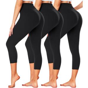 FULLSOFT 3 Pack Capri Leggings for Women - High Waisted Tummy Control Black Workout Yoga Pants (Small-Medium)