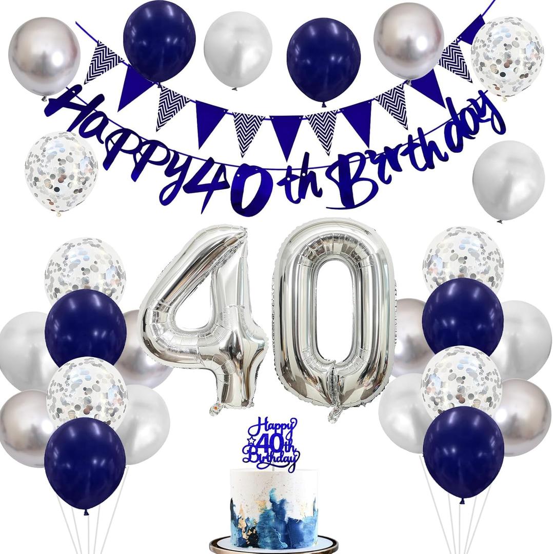 40th Birthday Decorations for Women Men, Black Silver White 40th Birthday Balloons, Black Happy 40th Banner Cake Topper Number 40 Foil Balloon for 40 Year Old Party Decor