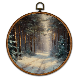 BCUANGD Winter Round Wall Art Decor - Vintage Winter Landspace Wall Art Canvas Frame Artwork Prints, Rustic Xmas Holiday Cottage Round Wall Hanging Decorations for Home Farmhouse Bedroom, 10"x10"