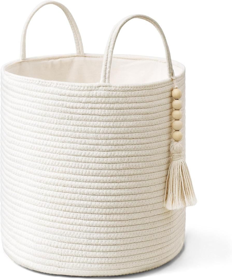 Mkono Woven Storage Basket with Handles Decorative Cotton Rope Basket Wooden Bead Decoration for Blankets,Toys,Clothes,Living Room Home Decor, 11", White
