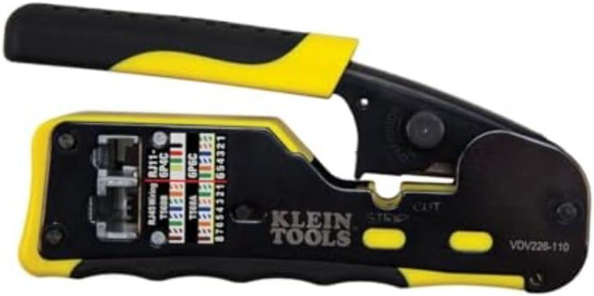 Klein Tools VDV226-110 Ratcheting Modular Data Cable Crimper / Wire Stripper / Wire Cutter for RJ11/RJ12 Standard, RJ45 Pass-Thru Connectors
