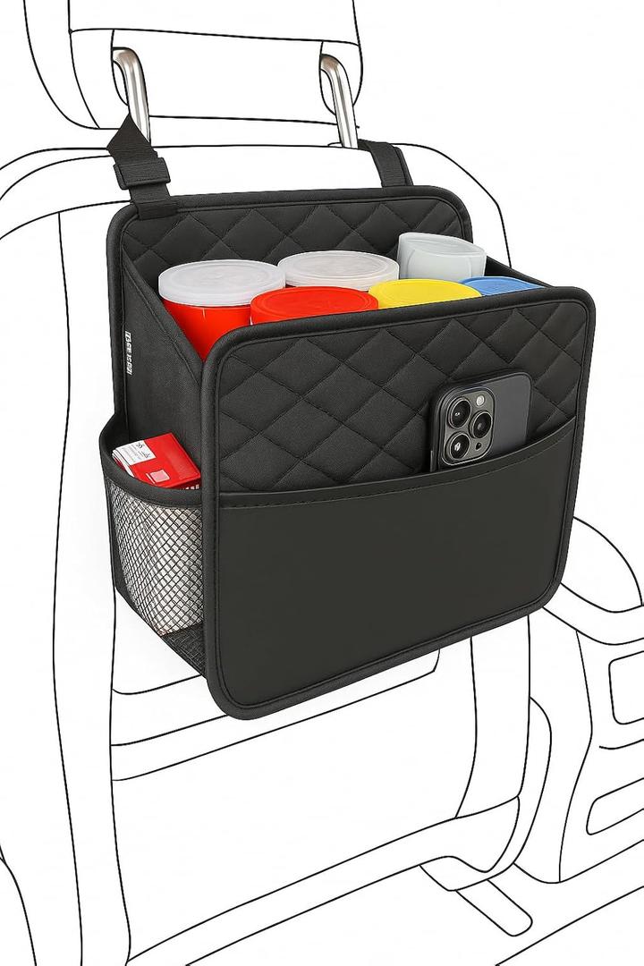 Witaxima Upgrade Car Seat Organizer Backseat with Storage Pockets, Multipurpose Car Organizer Hanging, Car TrashBag Can,Premium PU Leather Garbage Can 2.14 Gallon Large Capacity, Black.