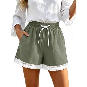 BETTE BOUTIK Summer Comfy Womens Beach Shorts Fashion Cotton Casual Elastic Waist Linen Lounge Shorts Loose Gym Workout Flowy Basic Shorts with Pockets Grey Green XL (Green, XL)
