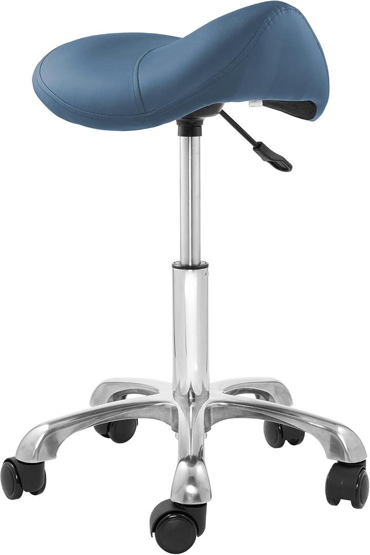 Saloniture Professional Ergonomic Saddle Stool, Blue - Adjustable Hydraulic Seat, Rolling Spa Salon, Massage, and Medical Office Chair with Swivel Wheels