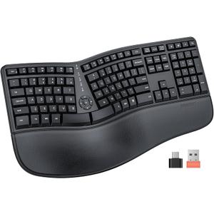 MEETION Ergonomic Keyboard Wireless, Split Curved Keyboard with Cushioned Soft Wrist Palm Rest, 2.4GHz Cordless Computer keybaords, Full Size Natural Typing for Windows/Mac/Laptop/PC, Black