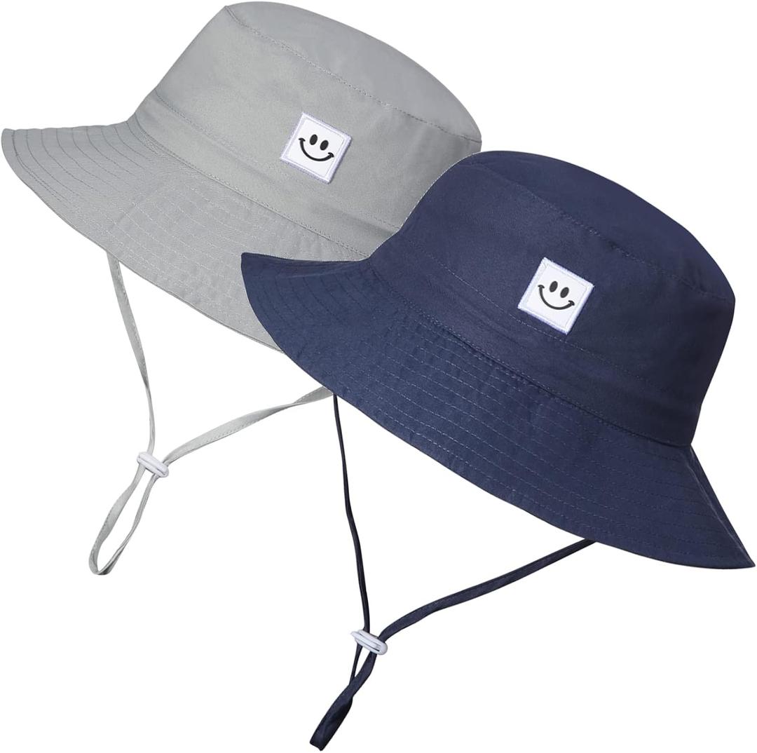 Baby Boy Sun Hat Bucket Hats for Toddler 6-12, 12-24 Months 2pack Smile Face Grey/ Navy