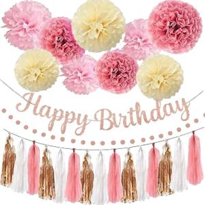 Pink Rose Gold Birthday Party Decorations Supplies Set,Happy Birthday Decoration Rose Gold Glittery Banner Tassel Garland Circle Dots Garland for Event Supplies