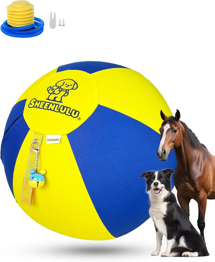 Herding Ball for Dogs, 22'' Dog Traing Balls with Handle and Bell, Australian Shepherd, Border Collie, Cattle Dog, Large Breed, Horses Outdoor Play (Yellow & Blue)