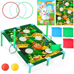 2 Set 3 in 1 St. Patrick's Day Bean Bag Toss with Bean Bags Easter Bunny Portable PVC Framed Cornhole Outdoor Balls Rings Toss Gift for Family Party Supplies Yard Activities