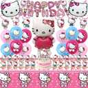 48PCS For Kitty Birthday Party Supplies, Party Decorations Set Include Banner, Balloons, Hanging Swirls, Cake Cupcake Toppers, Tablecloth for Girls Kitty Theme Party