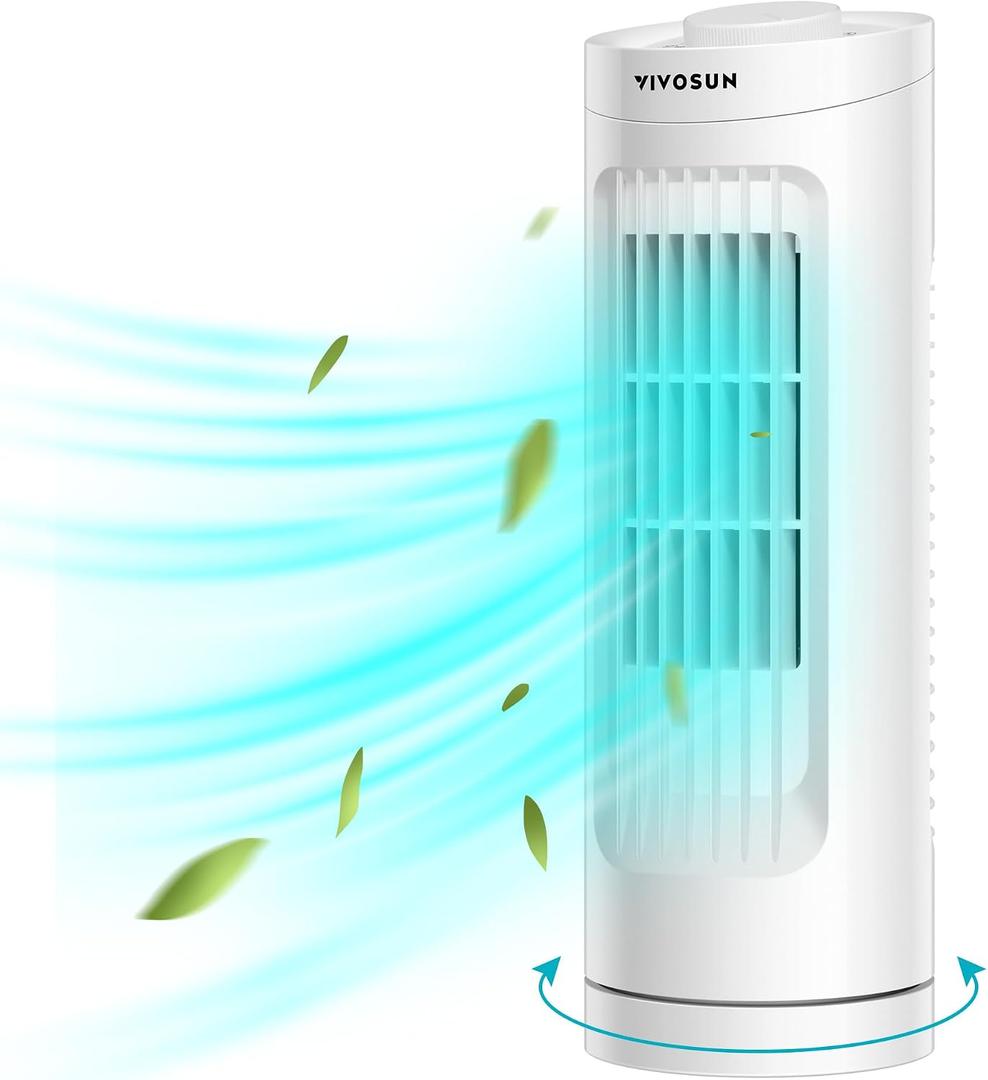 VIVOSUN 13'' Tower Fan, Bladeless Desk Fan with 3 Speeds and 70° Oscillation, Portable and Compact, Quiet Cooling Fan for Home and Office, White, 4.45 X 4.45 X 13.19 Inches