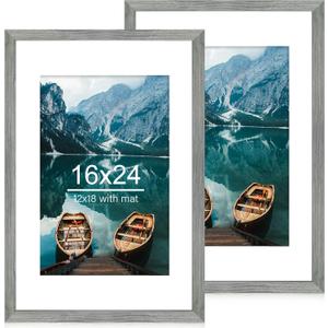 16x24 Frame Set of 2, Rustic Grey Wood Style - Display 16 x 24 Picture without Mat or 12x18 Picture with Mat, Wall Mounting Horizontal and Vertical