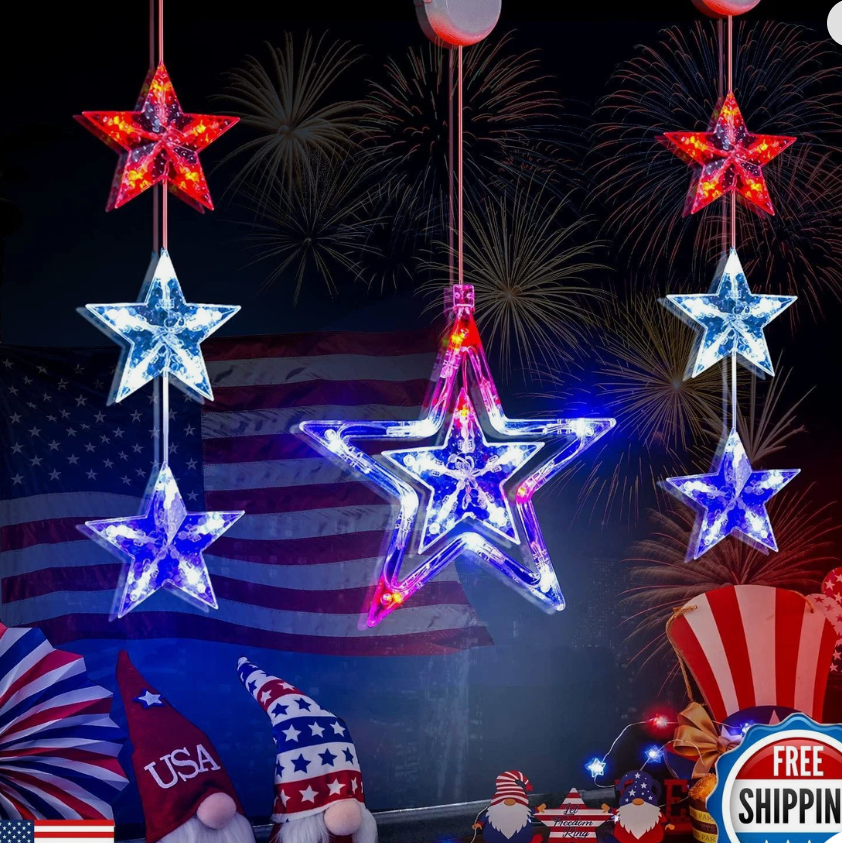 LOLStar 4th of July Lights, 3 Pack Red White and Blue Window Lights with Suction Cup, Battery Operated and Timer Function Patriotic Star Lights for Fourth of July, Memorial Day, Labor Day Decoration
