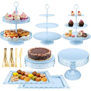 Blue Cake Stand Dessert Table Display Set, Metal Tiered Cupcake Holder Fruits Snack Donut Plate Serving Tower Tray Platter With Tong, Cake Knife and Server Set For Wedding Birthday Party Decor 11PCS