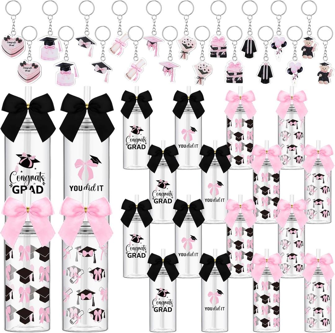 Zhehao 20 Sets 2026 Graduation Gifts Bulk End of The Year Gift Graduation Cups with Straws Grad Keychains Gifts Pink Bow Graduate Party Supplies Class of 2026 Plastic Congrats Grad Cup