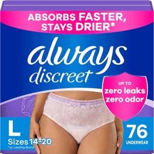 Always Discreet Adult Incontinence Underwear for Women and Postpartum Underwear, L, Up to 100% Bladder Leak Protection, 76 Count (Packaging May Vary)