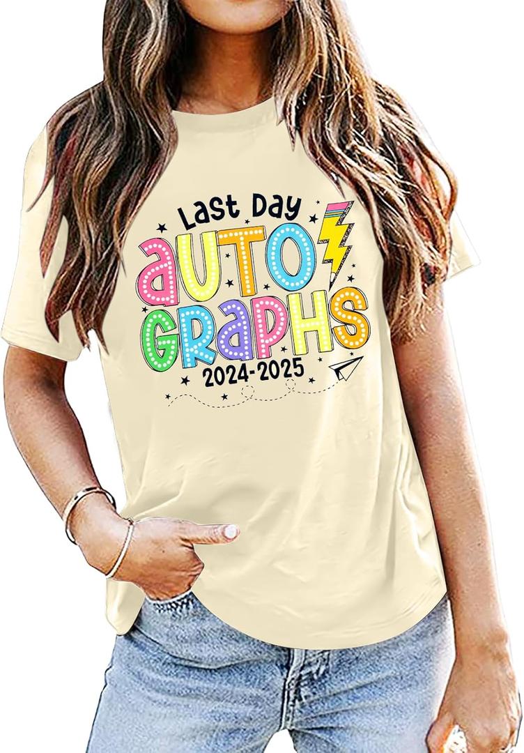 MYHALF Happy Last Day of School Shirt Women Last Day Autographs Teacher Tees Shirts Teach Life Short Sleeve Crewneck Outfit (Small, Apricot)