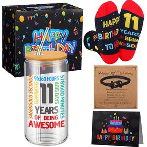 Geyoga 11 Year Old Boy Gifts Ideas 11th Birthday Gifts Baskets for Beautiful Teen Boys Funny Birthday Gift Box with Greeting Card Socks Bracelet Tumbler for Kids Grandson Brother