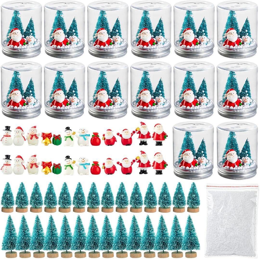 14 Set Christmas Plastic Snow Globes Kit Includes Clear Snow Globe Resin Christmas Santa Snowman Ornaments Mini Xmas Trees Snowflakes for DIY Snow Globe Winter Decoration Crafts