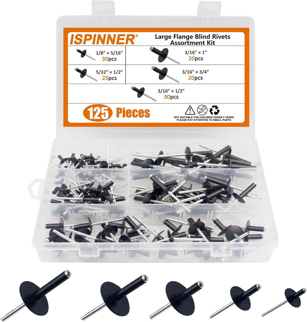 ISPINNER 125pcs Large Flange Aluminum Blind Rivets, Pop Rivets Assortment Kit (Black)